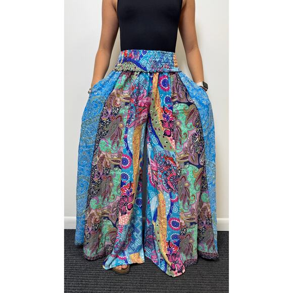 Mixed-print wide-leg trousers- One Size 100% Silk - Picture 1 of 5